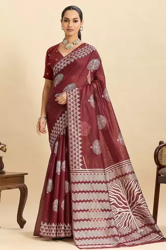 maroon art silk woven kanjivaram silk saree with blouses