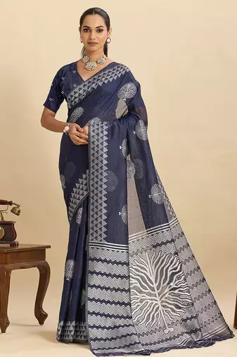 navy blue art silk woven kanjivaram silk saree with blouses