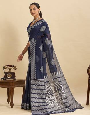 navy blue art silk woven kanjivaram silk saree with blouses 2