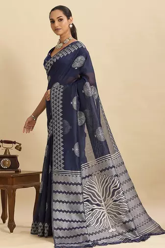 navy blue art silk woven kanjivaram silk saree with blouses