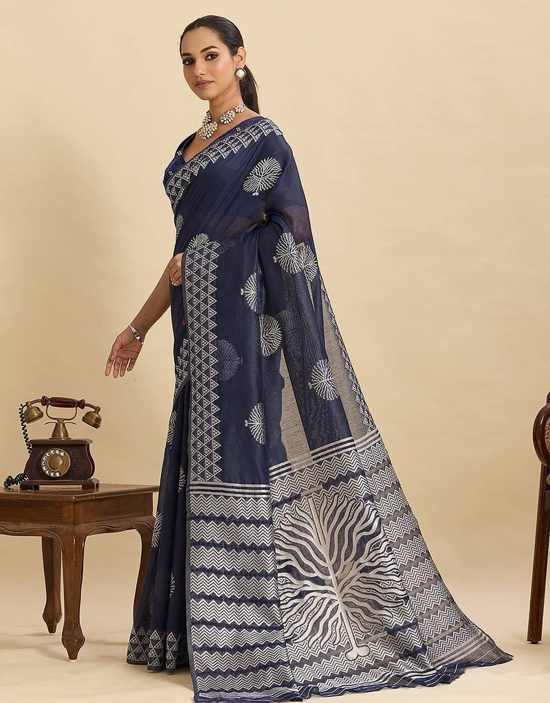 navy blue art silk woven kanjivaram silk saree with blouses