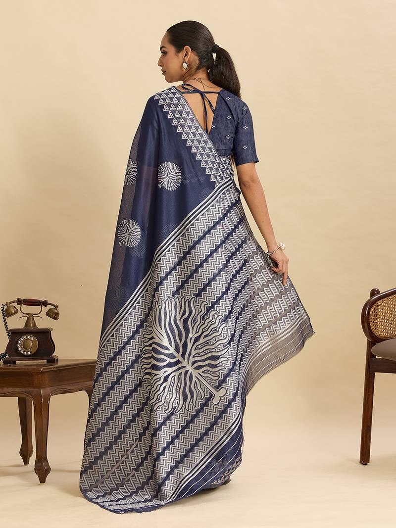 navy blue art silk woven kanjivaram silk saree with blouses