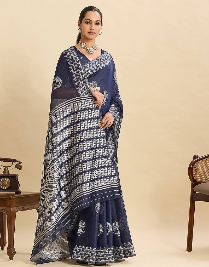 navy blue art silk woven kanjivaram silk saree with blouses