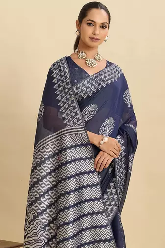 navy blue art silk woven kanjivaram silk saree with blouses