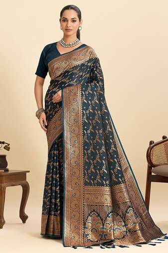 blue art silk woven kanjivaram silk saree with blouses