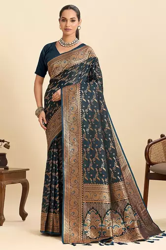 blue art silk woven kanjivaram silk saree with blouses