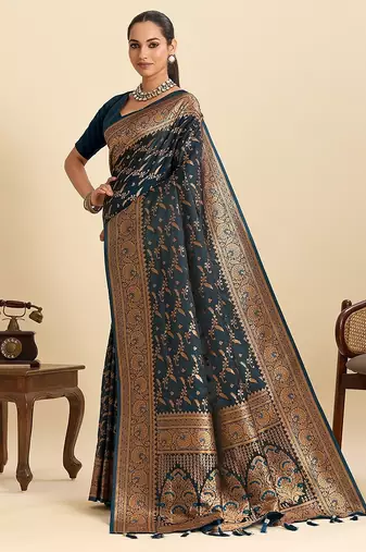 blue art silk woven kanjivaram silk saree with blouses