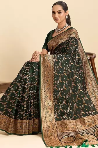 green art silk woven kanjivaram silk saree with blouses