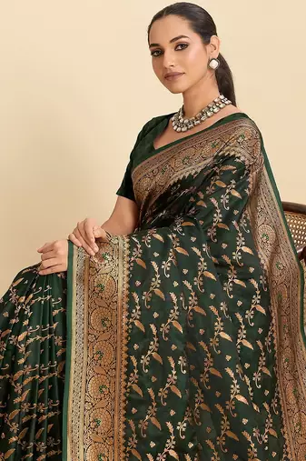 green art silk woven kanjivaram silk saree with blouses
