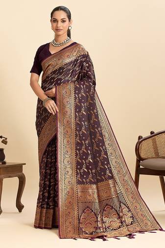 purple art silk woven kanjivaram silk saree with blouses