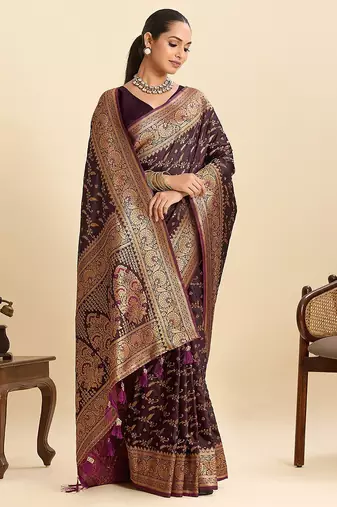 purple art silk woven kanjivaram silk saree with blouses