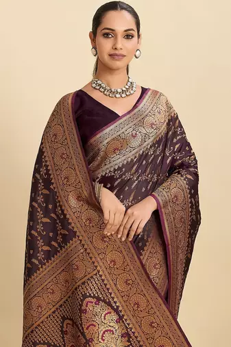 purple art silk woven kanjivaram silk saree with blouses