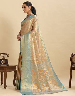 beige art silk woven kanjivaram silk saree with blouses 2