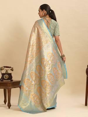 beige art silk woven kanjivaram silk saree with blouses 3