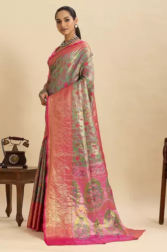 green art silk woven kanjivaram silk saree with blouses