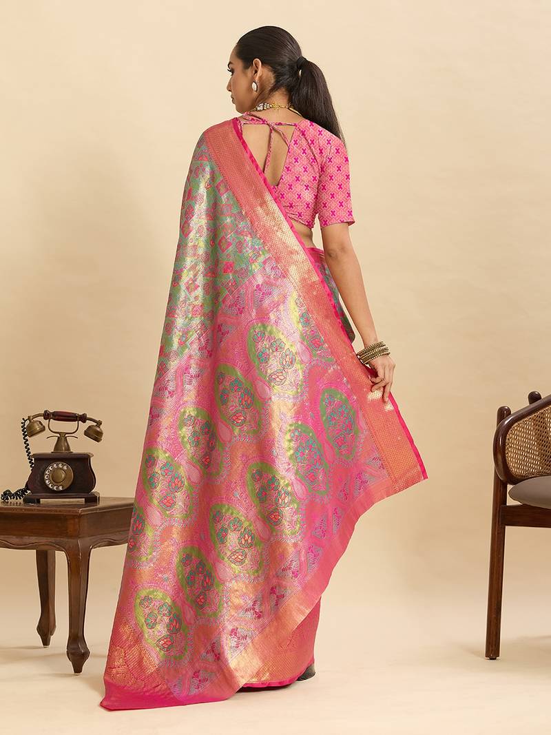 green art silk woven kanjivaram silk saree with blouses