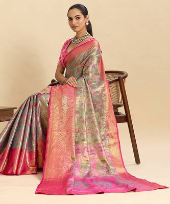 green art silk woven kanjivaram silk saree with blouses 4