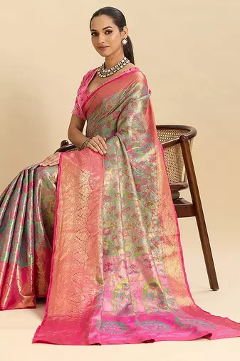 green art silk woven kanjivaram silk saree with blouses