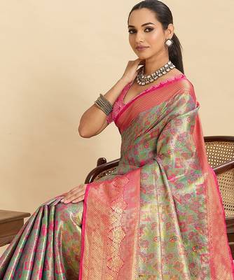 green art silk woven kanjivaram silk saree with blouses 5