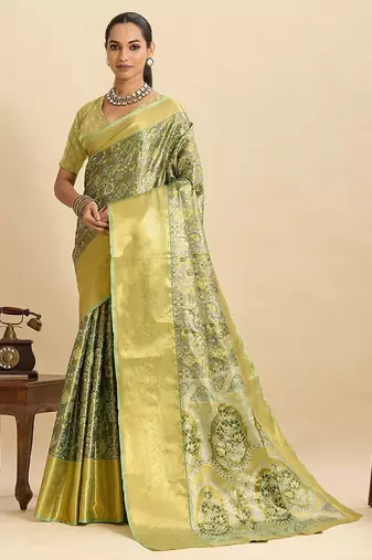 parrot green art silk woven kanjivaram silk saree with blouses
