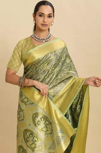 parrot green art silk woven kanjivaram silk saree with blouses