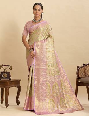 green art silk woven kanjivaram silk saree with blouses 1