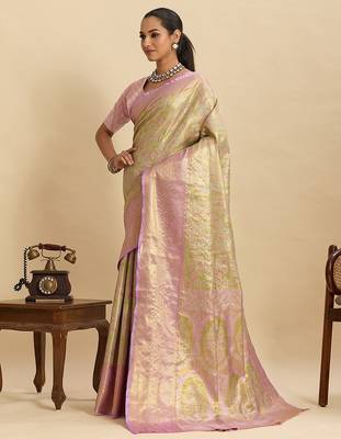 green art silk woven kanjivaram silk saree with blouses 2