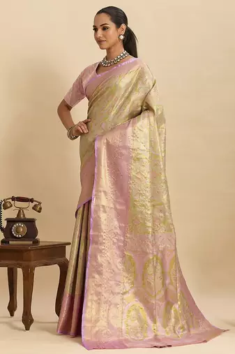 green art silk woven kanjivaram silk saree with blouses