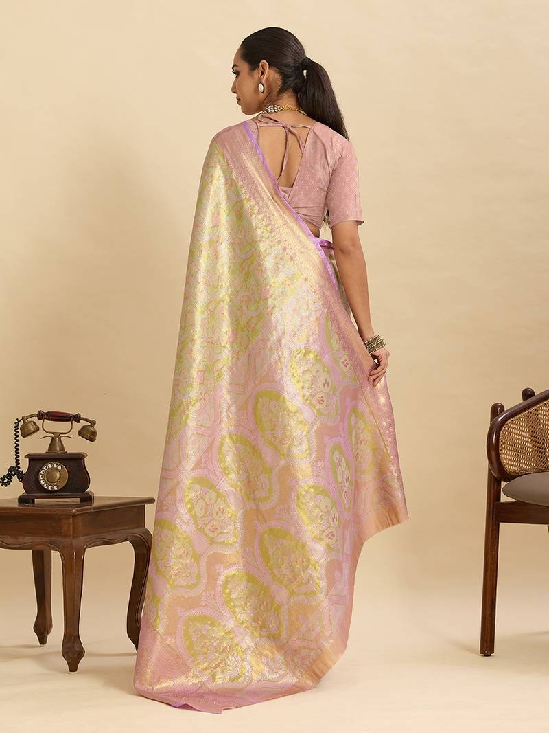 green art silk woven kanjivaram silk saree with blouses