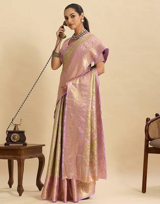 green art silk woven kanjivaram silk saree with blouses 4