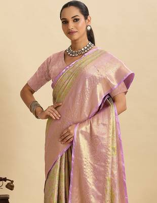 green art silk woven kanjivaram silk saree with blouses 5