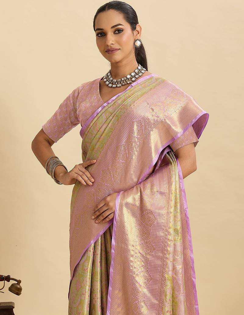 green art silk woven kanjivaram silk saree with blouses