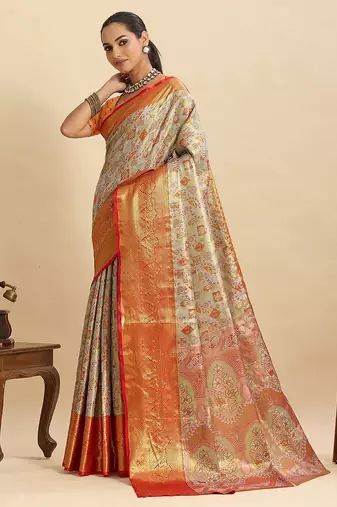 red art silk woven kanjivaram silk saree with blouses