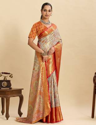 red art silk woven kanjivaram silk saree with blouses 4