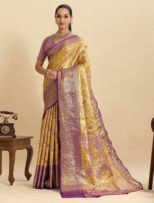 yellow art silk woven kanjivaram silk saree with blouses 1