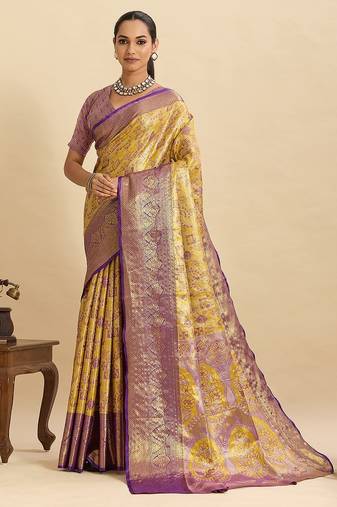 yellow art silk woven kanjivaram silk saree with blouses