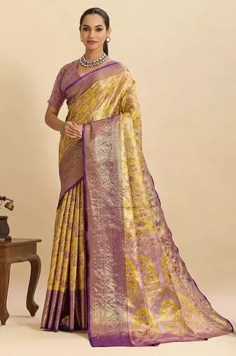 yellow art silk woven kanjivaram silk saree with blouses