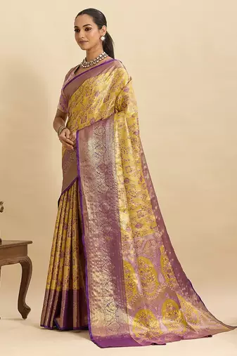 yellow art silk woven kanjivaram silk saree with blouses