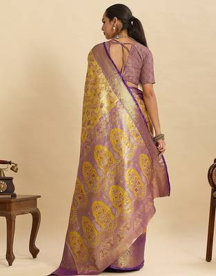 yellow art silk woven kanjivaram silk saree with blouses 3
