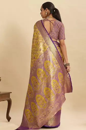 yellow art silk woven kanjivaram silk saree with blouses