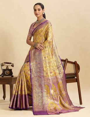 yellow art silk woven kanjivaram silk saree with blouses 4