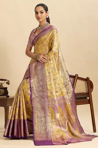 yellow art silk woven kanjivaram silk saree with blouses