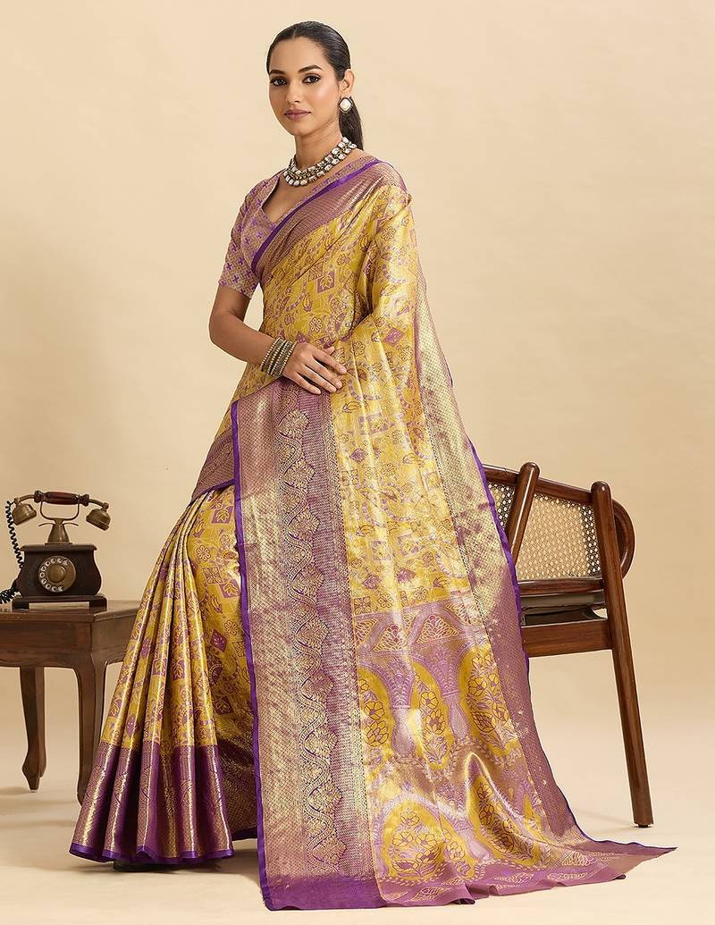 yellow art silk woven kanjivaram silk saree with blouses