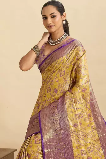 yellow art silk woven kanjivaram silk saree with blouses