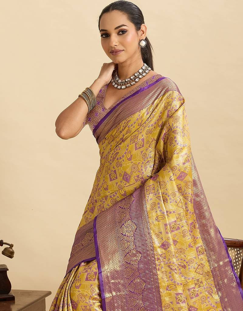 yellow art silk woven kanjivaram silk saree with blouses