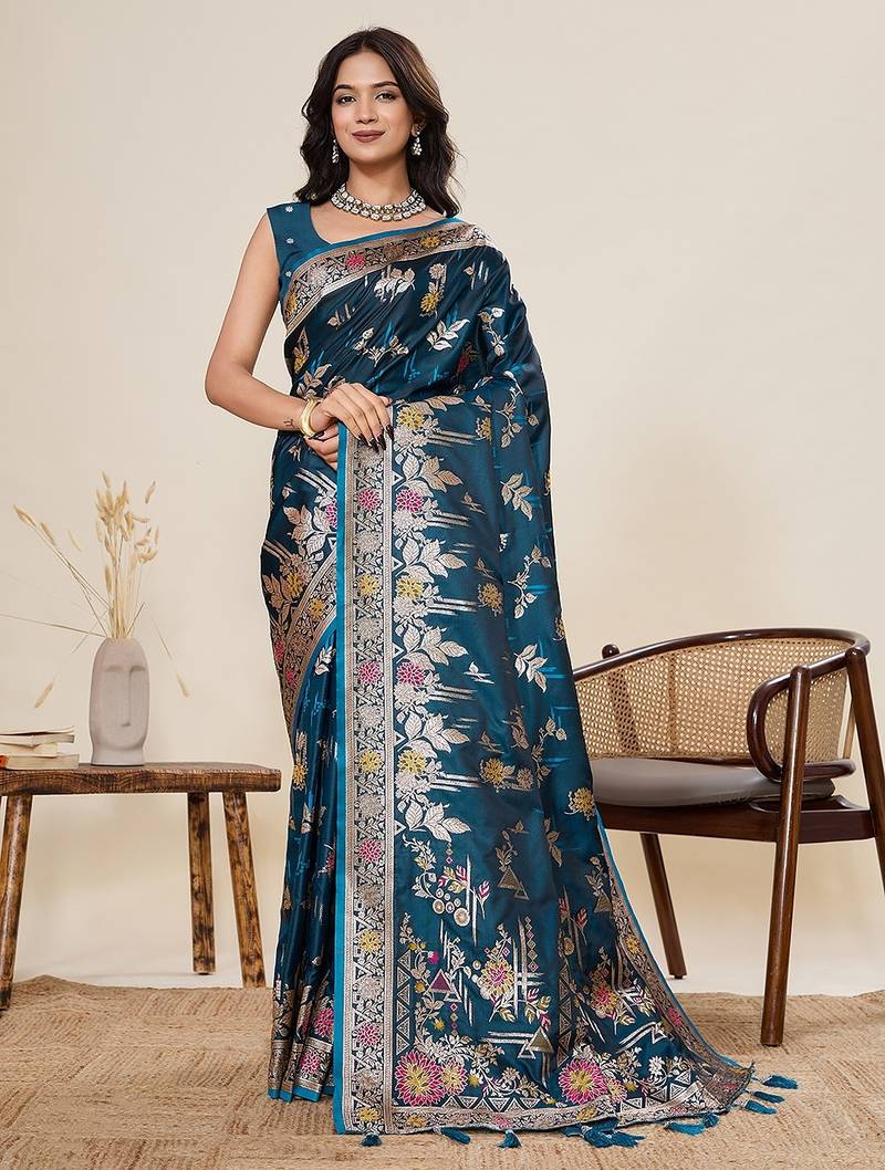 blue art silk woven kanjivaram silk saree with blouses