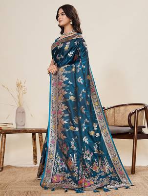 blue art silk woven kanjivaram silk saree with blouses 2