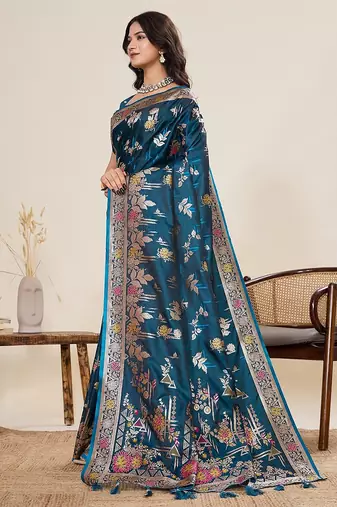 blue art silk woven kanjivaram silk saree with blouses