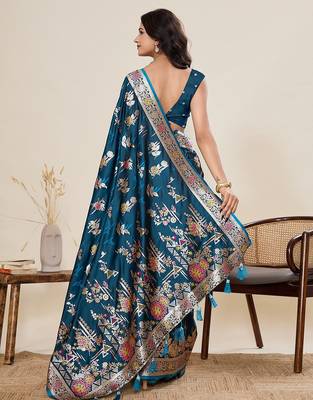 blue art silk woven kanjivaram silk saree with blouses 3