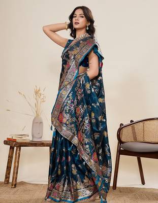 blue art silk woven kanjivaram silk saree with blouses 4